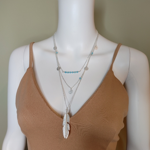 Boho Feather Layered Necklace With Simulated Turquoise Beads - Picture 2 of 7